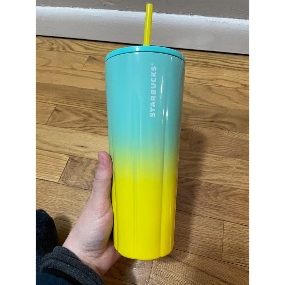 Starbucks 2021 Summer Flounder Teal Yellow Ombre Scalloped Tumbler 24oz Cold Cup